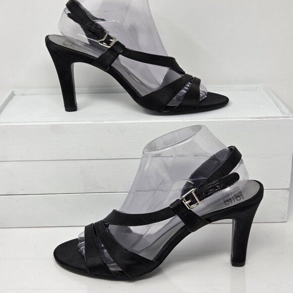 MOOTSIES TOOTSIES Heels Black Womens 9 Satin Open Toe Sandal Strappy Slingback - Picture 1 of 8